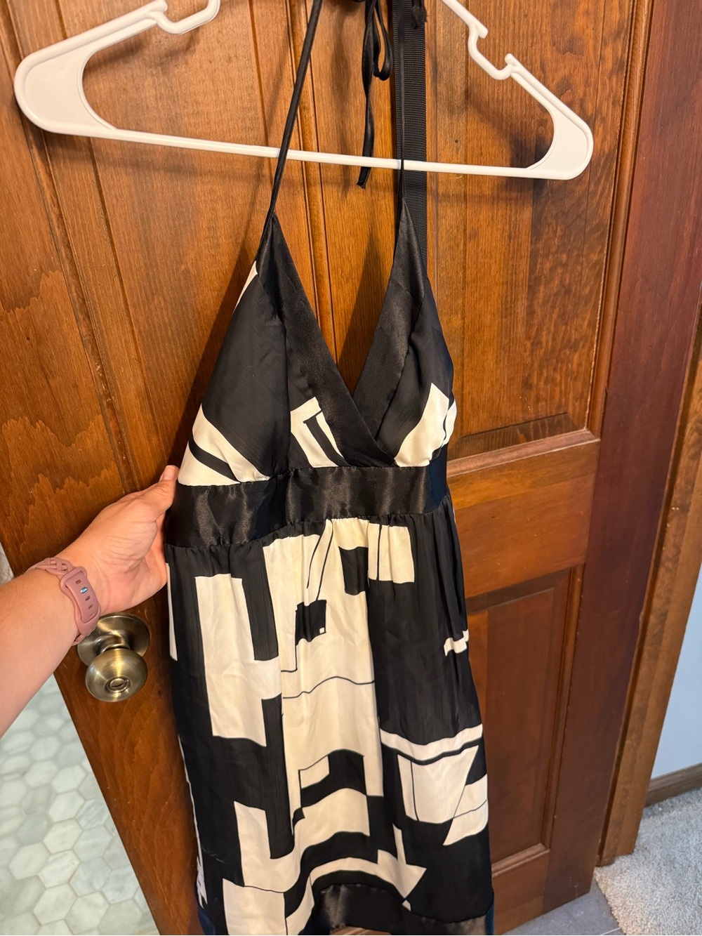Black and Cream Halter Dress with Graphic Print